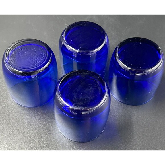 Cobalt Blue Lowball Art Glass Hand Blown Glasses Set of 4 Glasses 3.25 In Tall - Picture 4 of 5